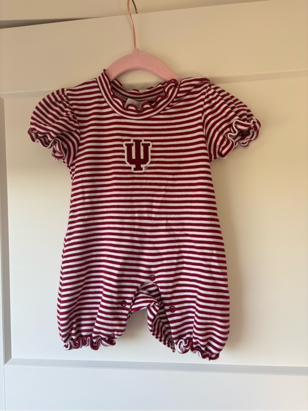 Striped Crimson & White Baby One-Piece Bodysuit with IU Logo